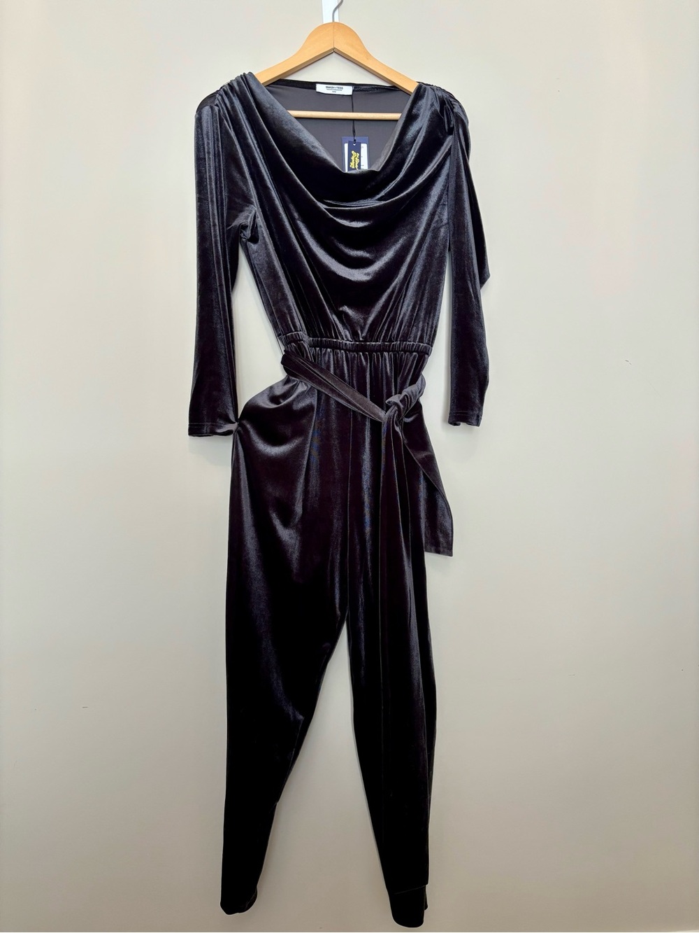 Smash + Tess Black Velvet Drape-Neck Jumpsuit